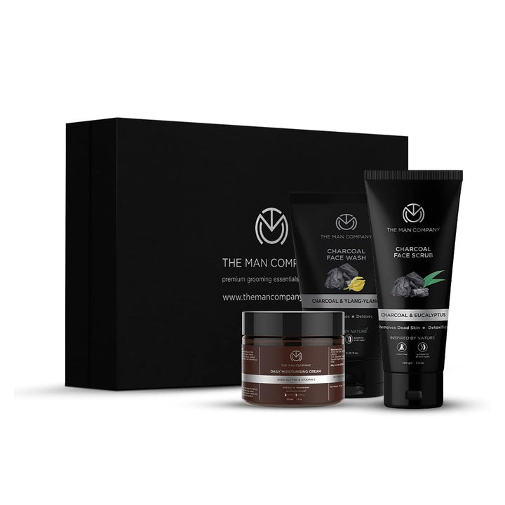 The Man Company De-Tan Face Care Kit for Men | Charcoal Face Wash, Charcoal Scrub & Moisturising Cream | Skin Care Kit for Deep Cleansing, Exfoliation & Hydration | Gift Set for Men | Pack of 3