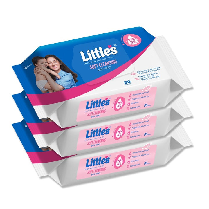 Little's Soft Cleansing Baby Wipes with Aloe Vera, Jojoba Oil and Vitamin E (80 wipes) pack of 3