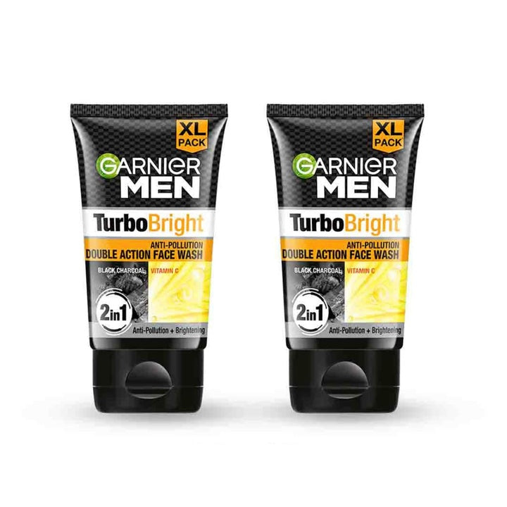 Garnier Men Turbo Bright Double Action Face Wash, Deep Cleansing Anti Pollution Face Wash with Charcoal and Vitamin C, Suitable for all Skin Types, 150g x2 (Pack of 2)
