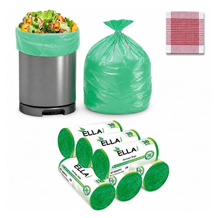 Ella Garbage Bags 19x21 Inches (Medium) 180 Bags 6 Rolls | Leak Proof & Tear Resistant Trash Bag for Kitchen Home & Commercial Use | Dustbin Bags For Dry & Wet Waste With Free Check Duster Cloth-Green