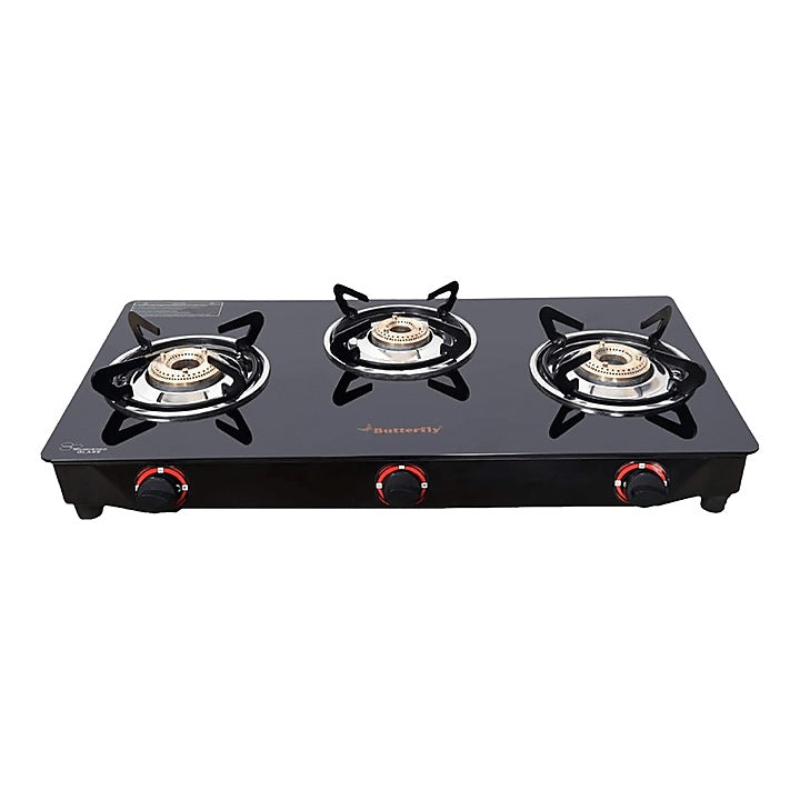 Butterfly Wave Stainless Steel Glass Top Gas Stove With Chopper - 3 Burners : 1 Unit