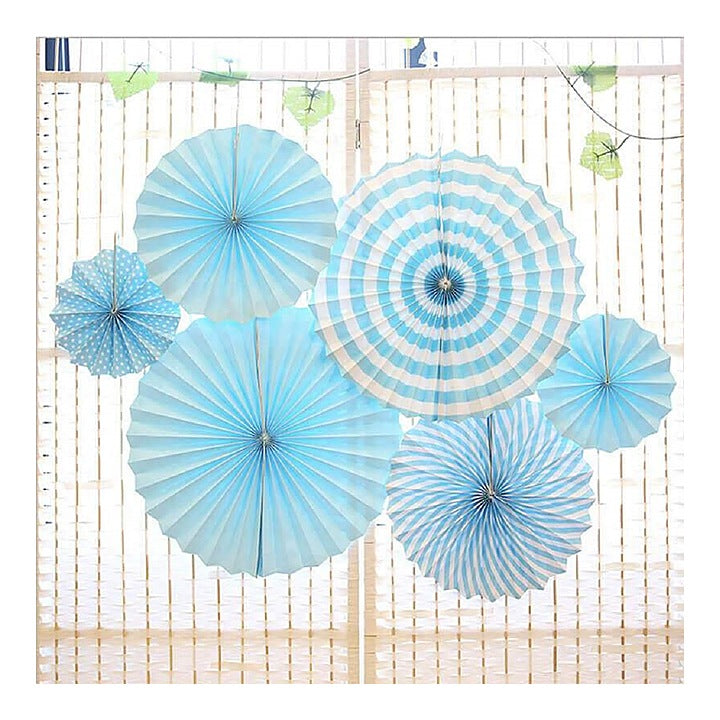 Manovedant Decorative Plain & Printed Paper Fans (Blue) - 6 Pieces : 1 Unit