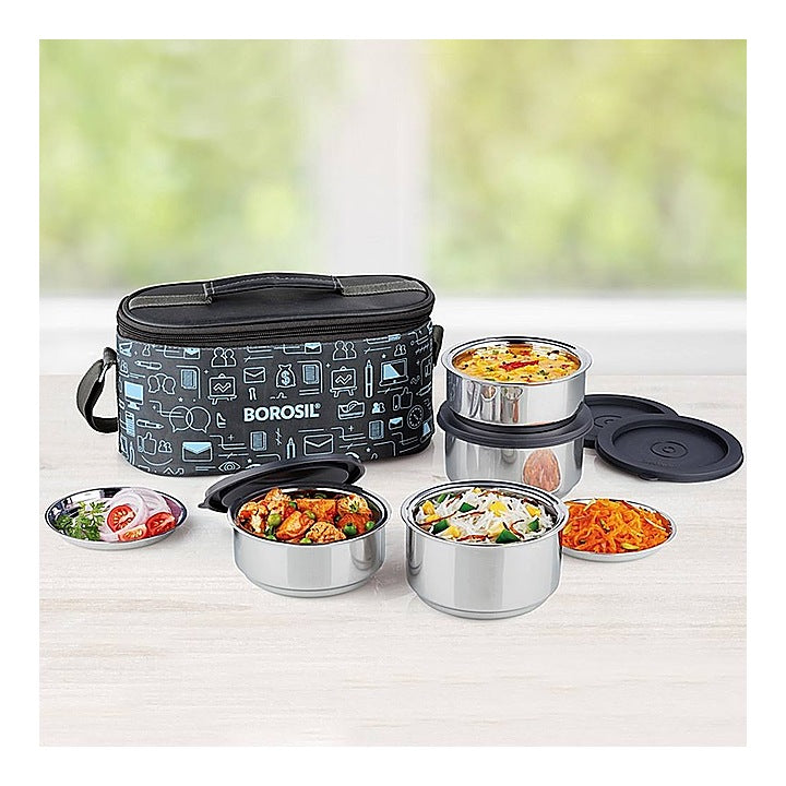 Borosil Carry Fresh Stainless Steel Lunch Box Set - 4 Containers : 1 Unit