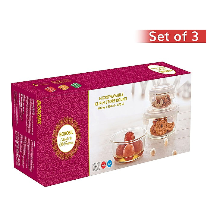 Borosil Klip N Store Round Glass Container - Set of 3 : 1 Unit