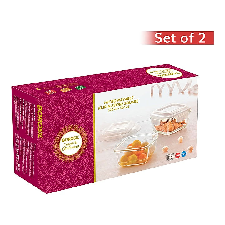 Borosil Klip N Store Square Glass Container - Set of 2 : 1 Unit