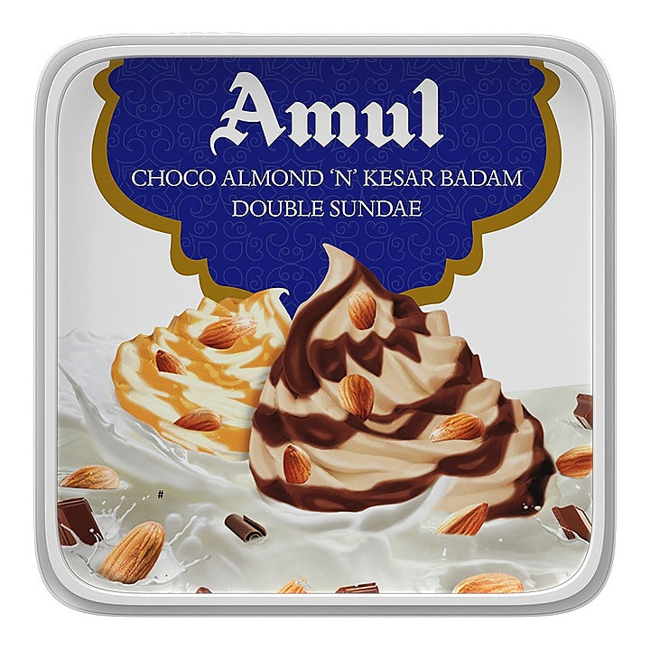 Amul Ice Cream Tub - Double Sundae Choco Almond 'N' Kesar Badam : 1 L
