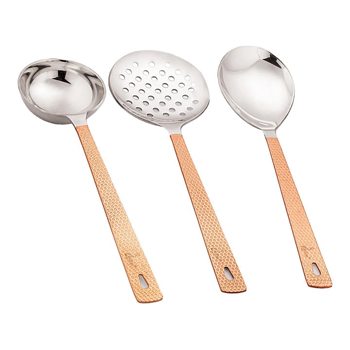 Indigo Metalware Stainless Steel Serving Spoons Coper Hammered Handle - 3 Piece : 1 Unit