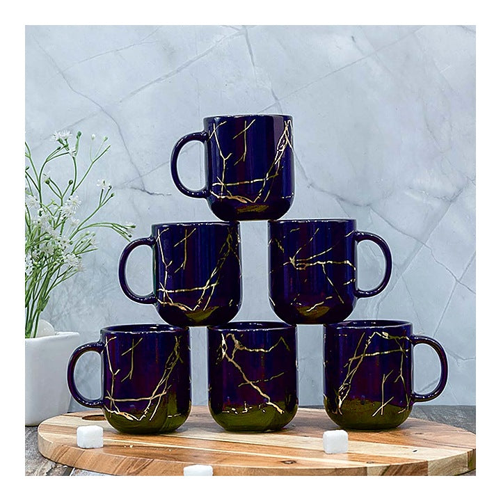 Femora Ceramic Marble Gold Print Coffee Mug (Blue) - 180 ml : 6 Piece