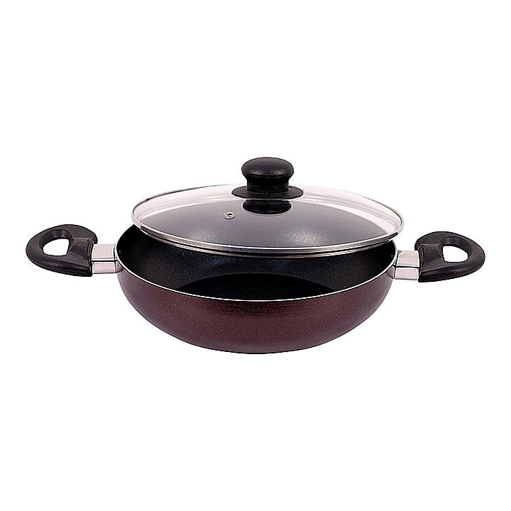 Bombay Kookware Non-stick Kadai With Glass Lid- Maroon : 24 cm