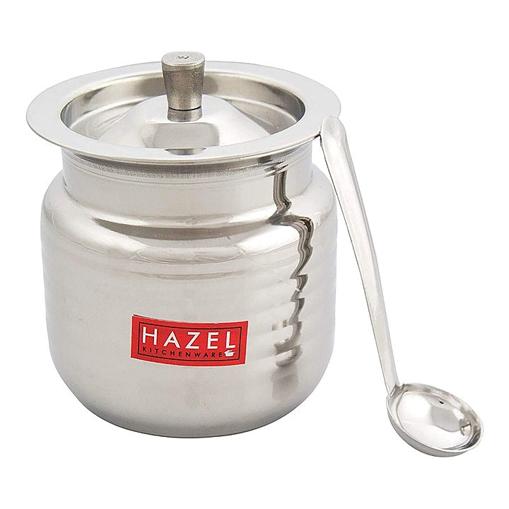 HAZEL Stainless Steel Hammered Finish Oil Ghee Pot With Spoon & Lid : 400 ml