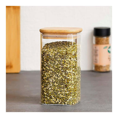 Femora Glassware Square Storage Jar With Wooden Lid : 700 ml