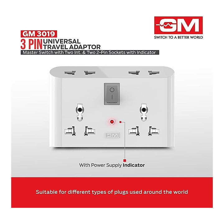 GM 3 Pin Travel Universal Multi Plug Adapter - White : 1 Unit