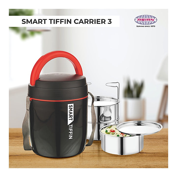 Asian Smart 3 Stainless Steel Tiffin Carrier Lunch Box - Black : 1 Unit