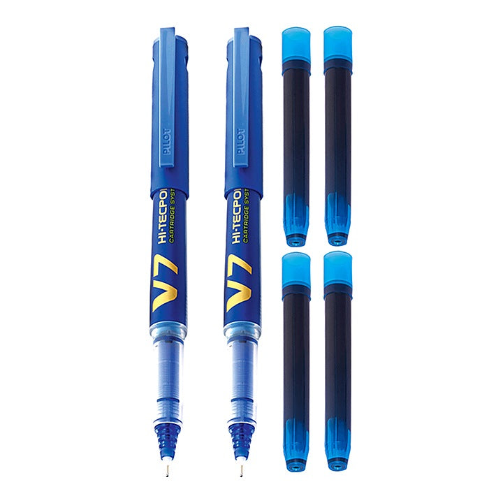 Pilot V7 Hi-tecpoint Roller Pen - 2 Blue Pens & 4 Cartridges : 1 Unit