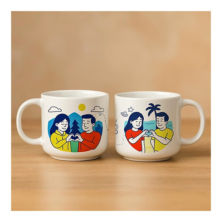 Fermora Ceramic Couple Mug (D2) (Off White) 350 ml - Set of 2 : 1 Unit