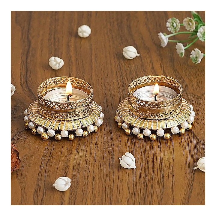 eCraftindia Tea Light Candle Holders Golden & Blue - Pack Of 2 : 1 Unit