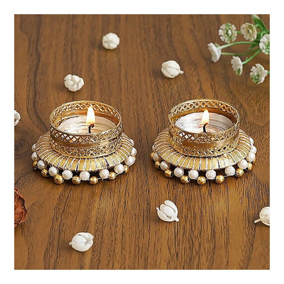 eCraftindia Tea Light Candle Holders Golden & Blue - Pack Of 2 : 1 Unit