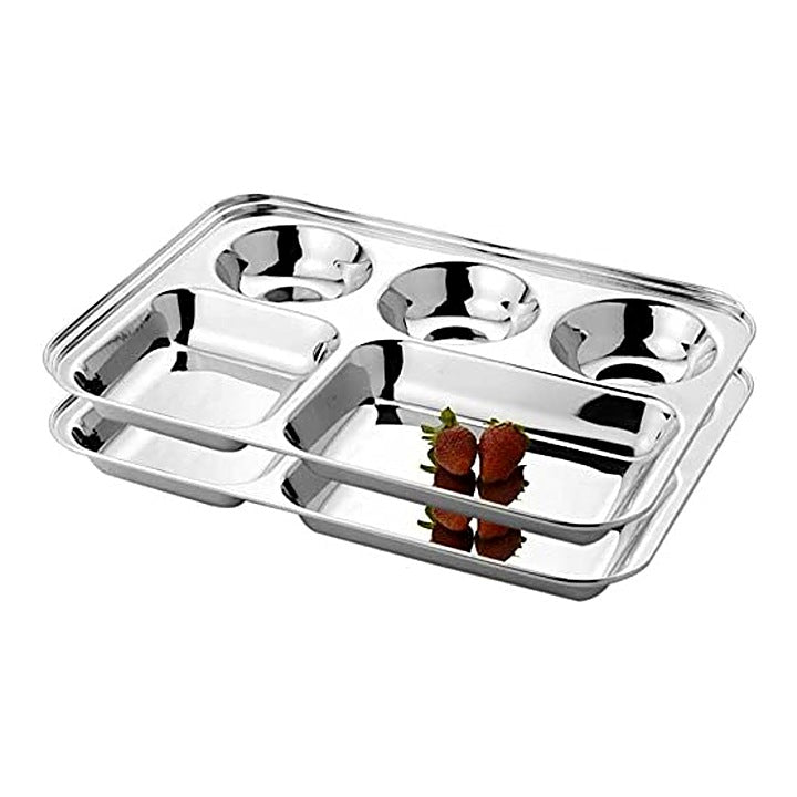 Limetro Stainless Steel Rectangular Plate 5 Compartment - Set of 2 : 1 Unit