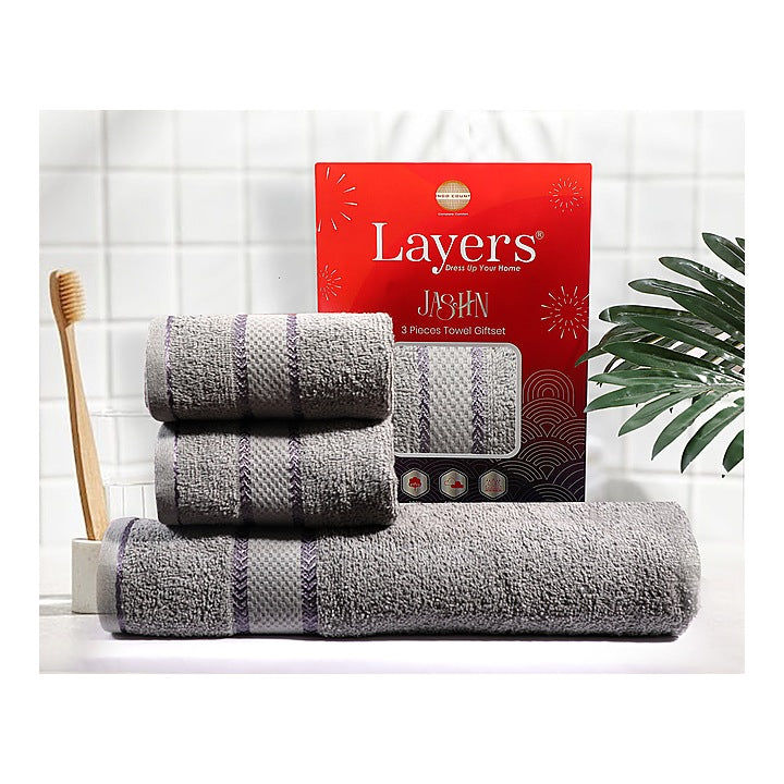 Layers Jashn 100% Cotton Towel Set 380 GSM (Grey) 1 Bath Towel + 2 Hand Towels : 1 Unit