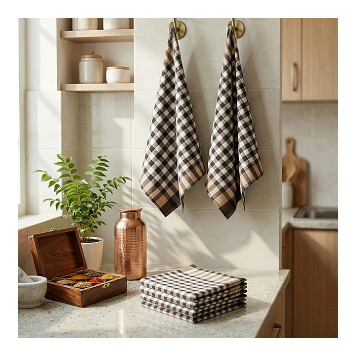 Athom Living Lyra Checks Kitchen Towel Brown & Beige (45x45 cm) - Set of 6 : 1 Unit