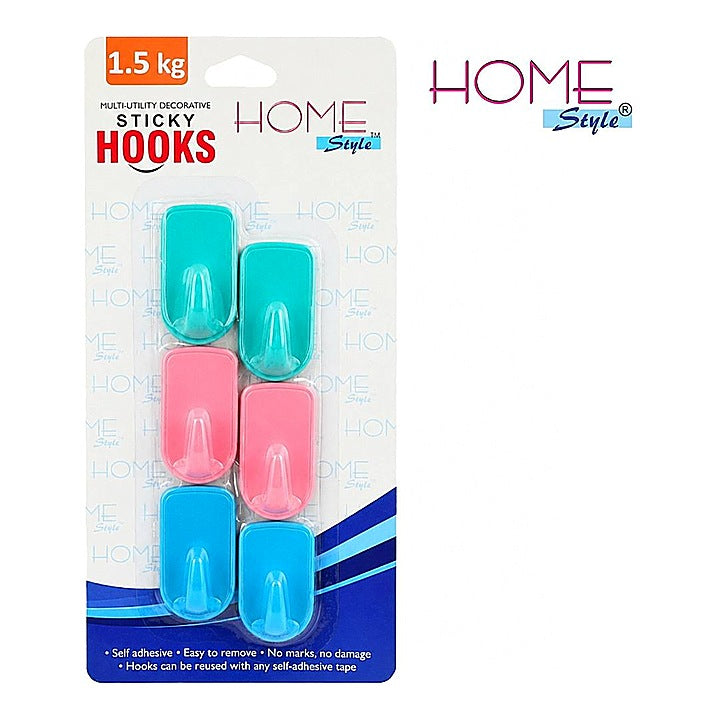 Home Style Sticky Wall Adhesive Hooks (1.5 kg) Multicolour - 6 Pieces : 1 Unit