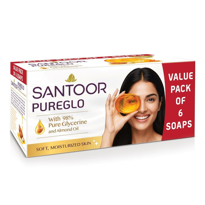 Santoor PureGlo Glycerine Soap with Almond Oil and Glycerine, 125g (Pack of 6) for Nourished Glowing Skin