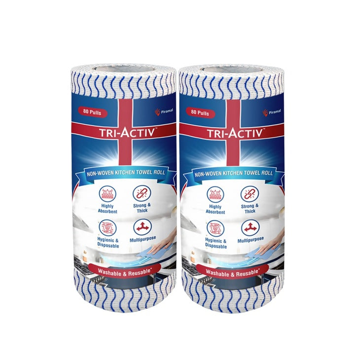 Tri-Activ Washable & Reusable Kitchen Towel Roll | 80 Pulls per Roll, 160 Sheets Pack of 2 | Highly Absorbent Kitchen Tissue Roll | Non Woven Fabric | Better alternative to Paper Tissue Roll | Blue