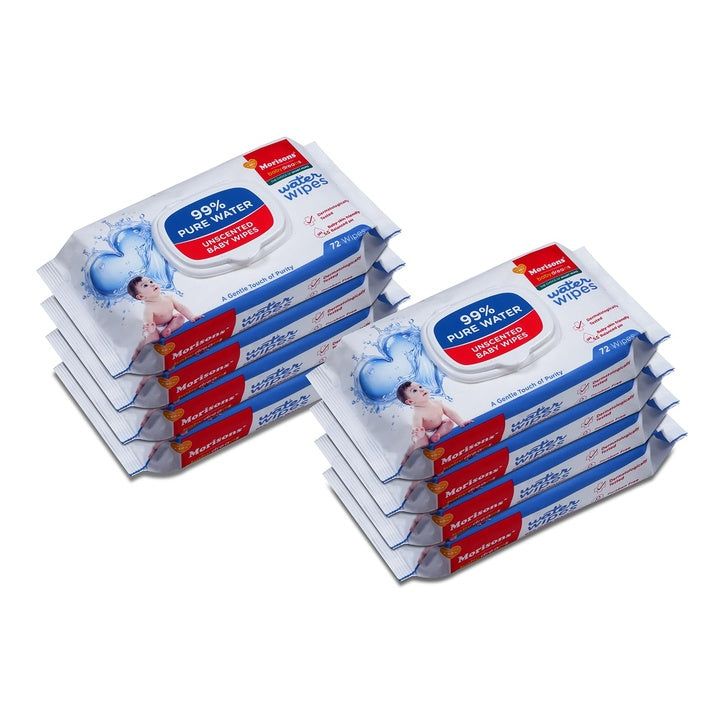 Morisons Baby Dreams Wet Wipes with Lid | 72 Wipes x 8 Packs | 99% Pure Water | Unscented | pH 5.5 | Dermatologically Tested | Paraben Free | 576 Wipes