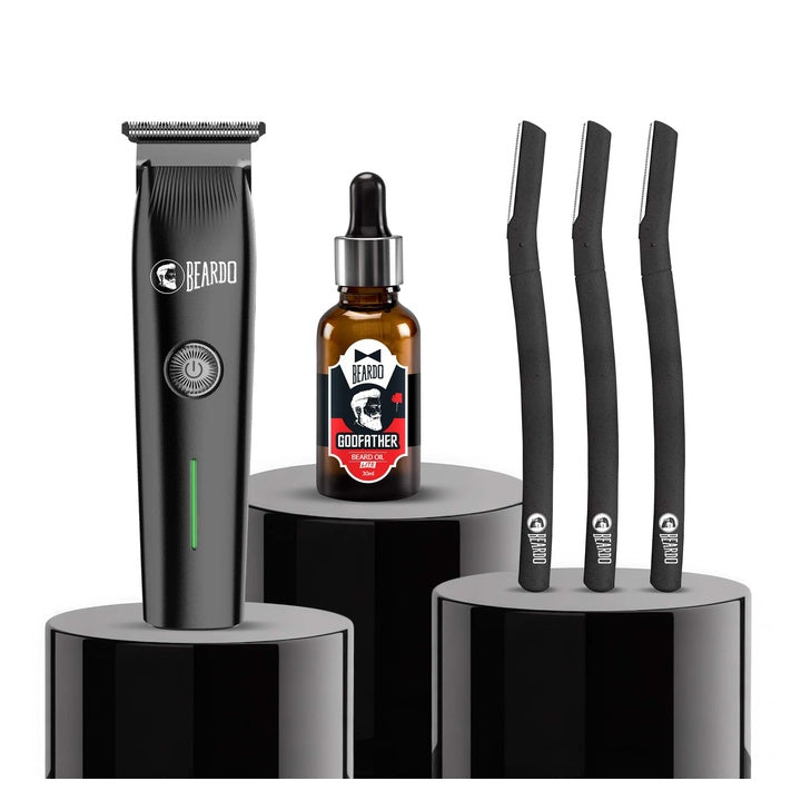 Beardo Italian Beard Combo | Godfather Beard Oil+ Ape-X Prime 3-in-1 Trimmer + Styling Tool | Precision Grooming Kit for Men | Clean Cheek Line, Jawline & Styling Tool - Set of 3