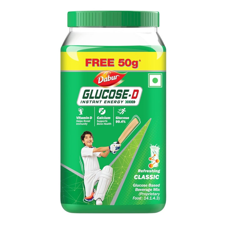 Dabur Glucose-D Instant Energy Drink Powder - 500gm| Enriched with Vitamin D & Calcium | 99.4% Glucose Quick Energy Replenishment Formula | Easy to Mix Refreshing Drink