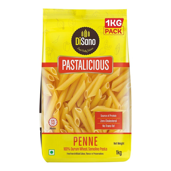 DiSano Penne Pasta 1kg, Healthy Pasta, Made with 100% Durum Wheat Semolina, 100% Suji, No Maida, Source of Protein & Fibre, Non-Sticky