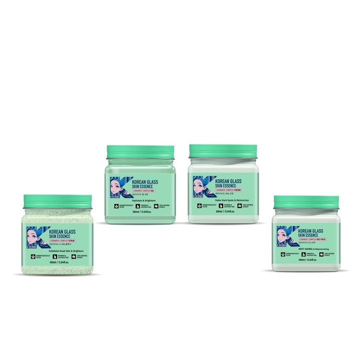 K DERMA Korean Glass Skin Essence Set, 4-Step Skincare Kit with Scrub, Gel, Face Pack, Cream, Rice Water and Ceramide Complex, 1520ml