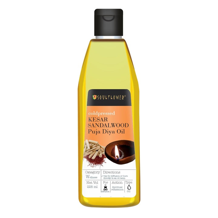 Soulflower Pooja Oil for Akhand Jyot, Hawan, Grah Pravesh & Hindu Rituals | Smokeless Deepam Oil with Saffron & Sandalwood | Spiritual Fragrance for Poojan & Decoration, 225ml