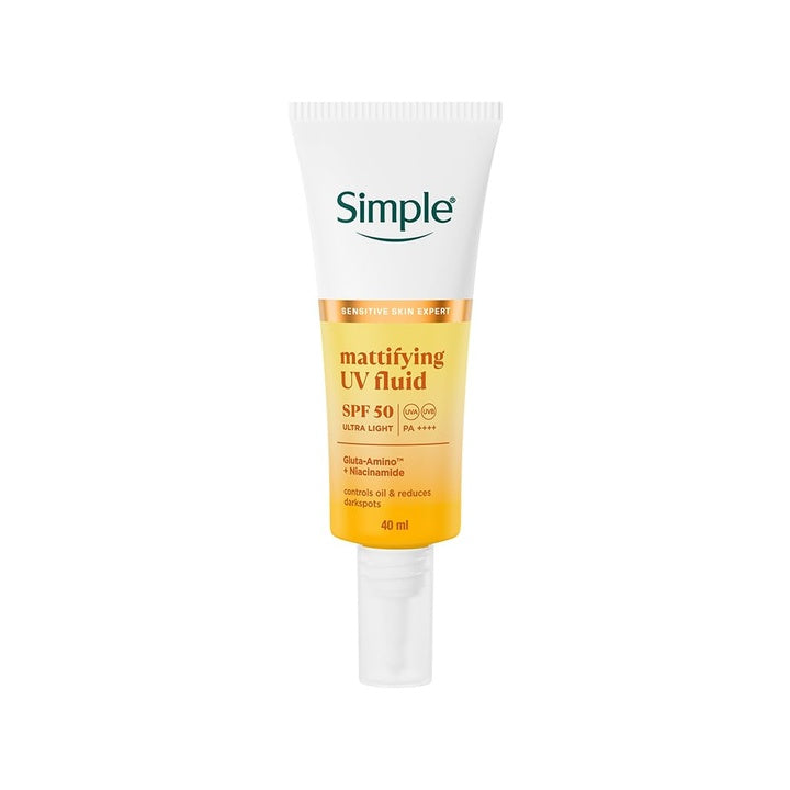 Simple Mattifying UV Fluid |SPF 50 PA++++ | With Niacinamide & GlutaAmino Technology| Sunscreen for Oily Skin & Dark Spots |Ultra Lightweight & Non-Sticky | UVA UVB & Bluelight protection | 40ml