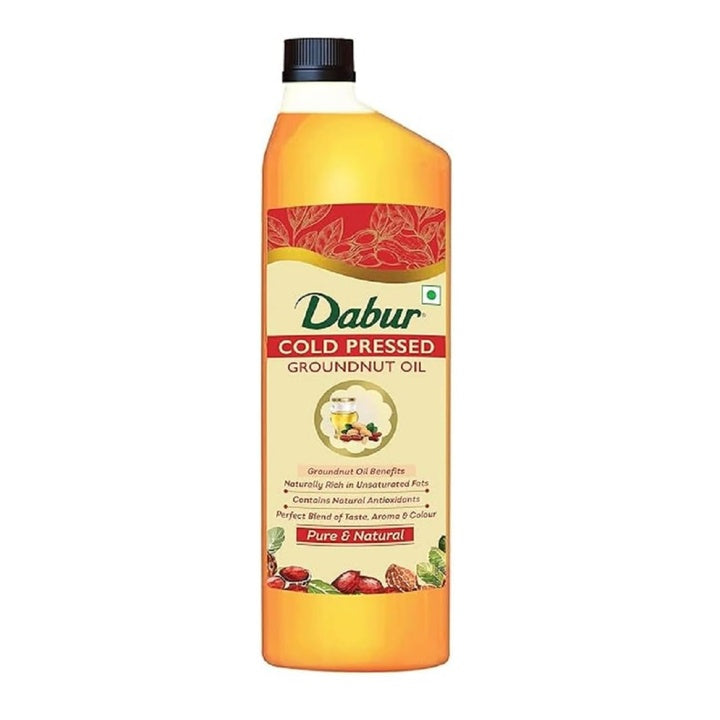 Dabur Pure & Unrefined Cold Pressed Groundnut Oil | 1L | Naturally Cholesterol Free | 1L | Rich Aroma & Flavour of Authentic Groundnuts | Contains Natural Antioxidants | Finest Quality Groundnuts | Naturally Rich in Unsaturated Fats