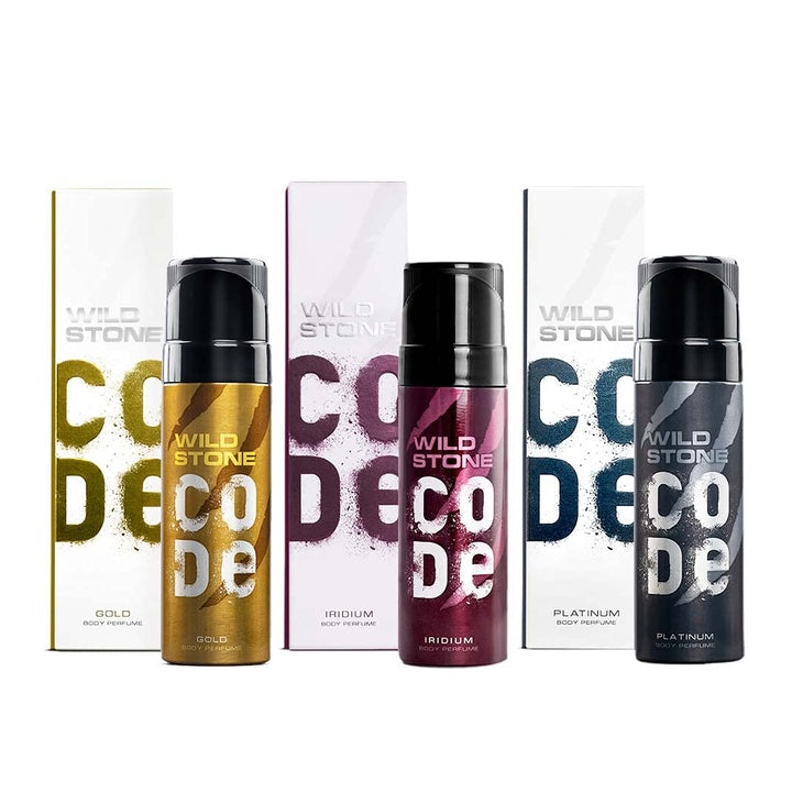 Wild Stone CODE Gold, Platinum and Iridium Body Perfume for Men, Pack of 3 (150ml each)|No Gas Deodorant|Long Lasting Body Spray