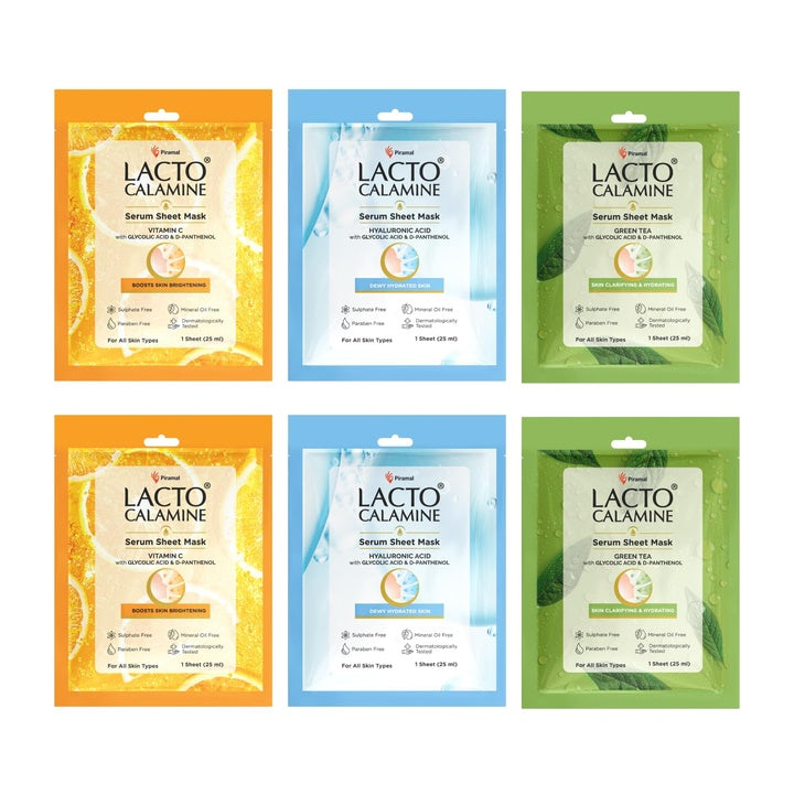 Lacto Calamine Face Sheet Masks | Combo Pack | Vitamin C, Hyaluronic Acid & Green Tea Face Sheet Masks | Brightening, Hydrating & Clarifiying | 150ml (Pack of, 6)