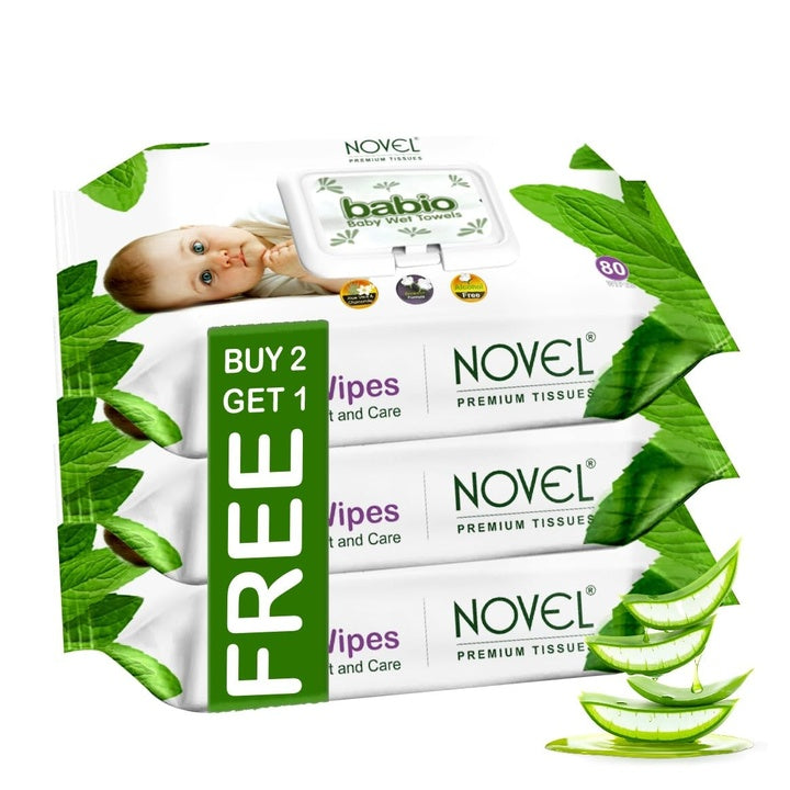 Novel Baby Wet Wipes 80 Wipes x Pack of 3 (240 Wipes) | Aloe Vera, Chamomile, Vitamin E Enriched | pH Balanced, Alcohol, Hypoallergenic & Paraben-Free | Soft Gentle Baby Wipes with Lid