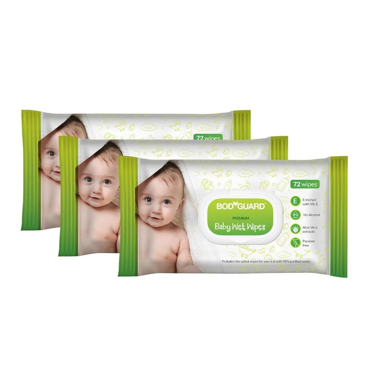 Bodyguard Aloe Vera Based Natural Wet Wipes For Babies With Goodness Of Vitamin E | For Moisturizing Skin | Antibacterial Baby Wipes | Combo of 3 x 72 Pieces (216)