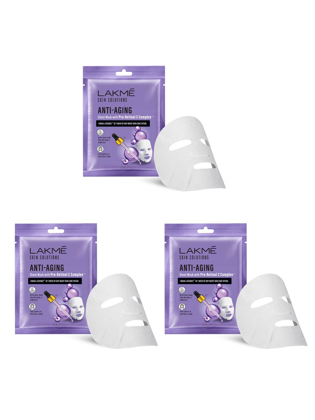 Lakme Skin Solutions 3-Pcs Anti Aging Sheet Mask with Pro Retinol C Complex - 25 ml each