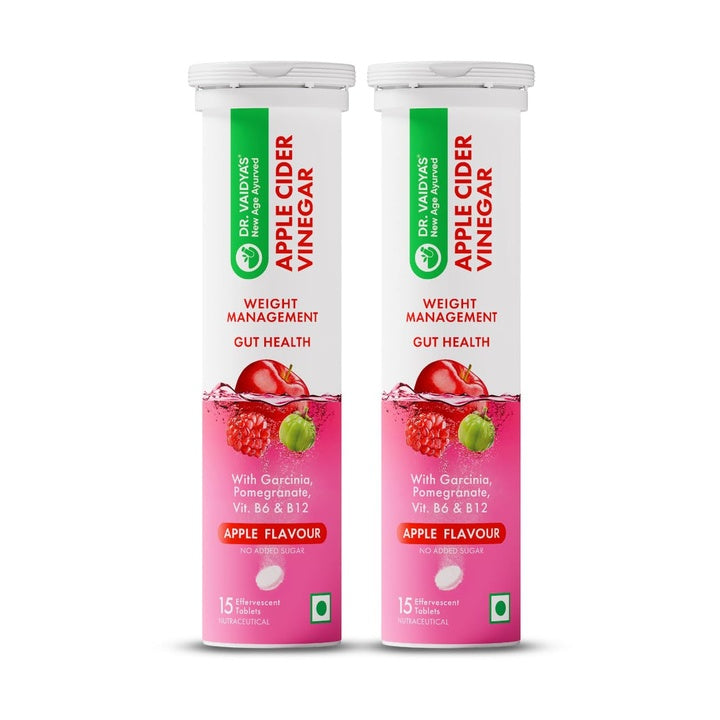 Dr. Vaidya's Apple Cider Vinegar (ACV) Effervescent Tablets with Garcinia, Pomegranate, Vitamin B6 & B12 | Supports Weight Management, Metabolism, Digestion & Gut Health | Tasty Apple Flavour | 15 Tablets per Pack , Pack of 2