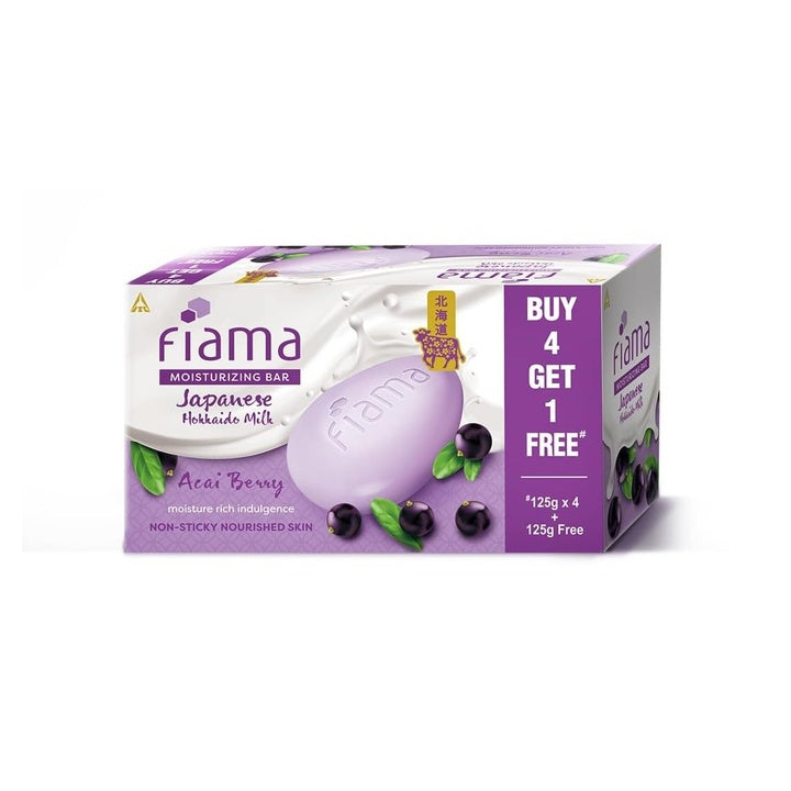 Fiama Skin Barrier Strengthening Moisturizing Soap Bar 125gx5 | Clinically Proven | With Pro-Ceramides | Acai Berry & Japanese Hokkaido Milk Celebration Pack of 5, Non-Sticky Softness | 33% Skin Moisturizers, For Men & Women