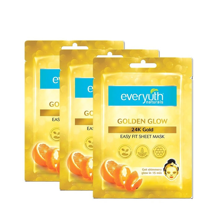 Everyuth Naturals Golden Glow Sheet Mask | 24K Gold & Orange Peel Extract | Instant Shimmery Golden Glow in 15 Minutes | Serum Mask | 2 Piece easy fit sheet mask | Pack of 3