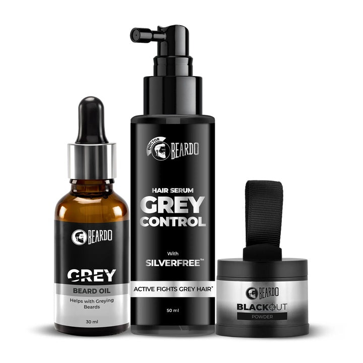 Beardo Grey Fix Kit for Men | Anti-Grey Hair Serum, Beard Oil & Blackout Powder | Reverse Greying, Restore Natural Look | Root Touch Up for Hair | Kit for Men-Set of 3