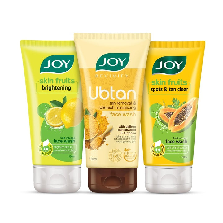 JOY Face Wash Combo Pack|Skin Fruits Brightening, Ubtan Tan Removal & Blemish Minimizing, And Spots & Tan Clear |For Radiant, Clear, And Healthy Skin (3 X 150Ml)