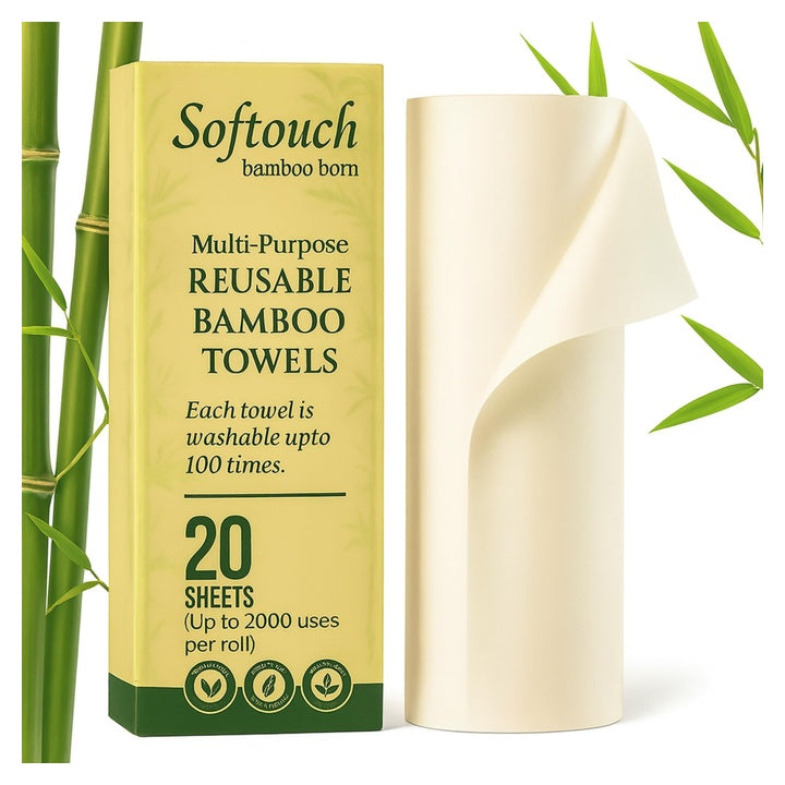 Softouch Reusable Bamboo Kitchen Towel Roll 20 Sheet | Washable & Reusable Up to 2000 Times | Super Absorbent, Lint-Free Cleaning Cloth | Bamboo Based Kitchen Tissue Roll, Kitchen Cleaning Towel