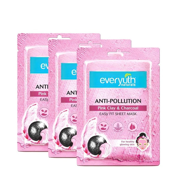 Everyuth Naturals Anti -Pollution Pink Clay Charcoal Sheet Mask | Pink Clay and Charcoal | Serum Mask | Detoxifies & Purifies Skin |2 Piece easy fit sheet mask| Pack of 3