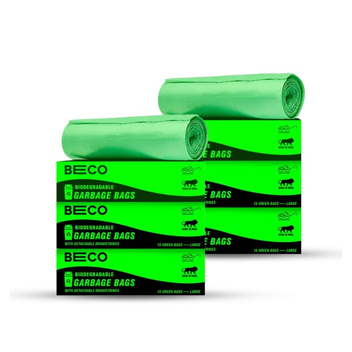 Beco Eco-Friendly Garbage Bags | 90 Pcs | Large- 24 x 32 Inches | 15 Bags x 6 Rolls | Green | Dustbin/Trash Bags with Detachable Drawstrings | For Dry & Wet waste