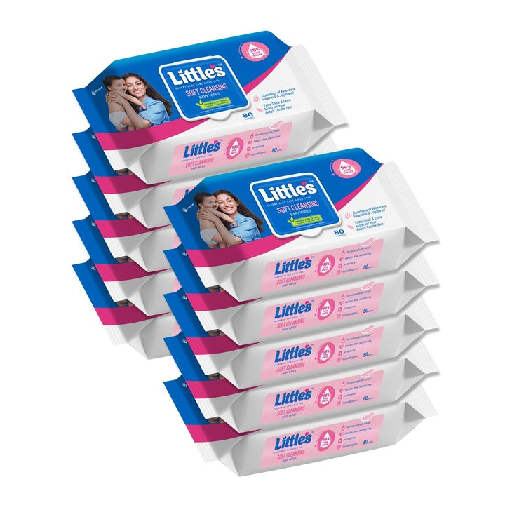 Little's Soft Cleansing Baby Wipes with Lid | 80 Wipes x Pack of 10 -800 Wipes | Extra Thick & Moist Wet Wipes for Baby's | Prevents Rashes & Redness with Goodness of Aloe Vera, Vitamin E & Jojoba Oil