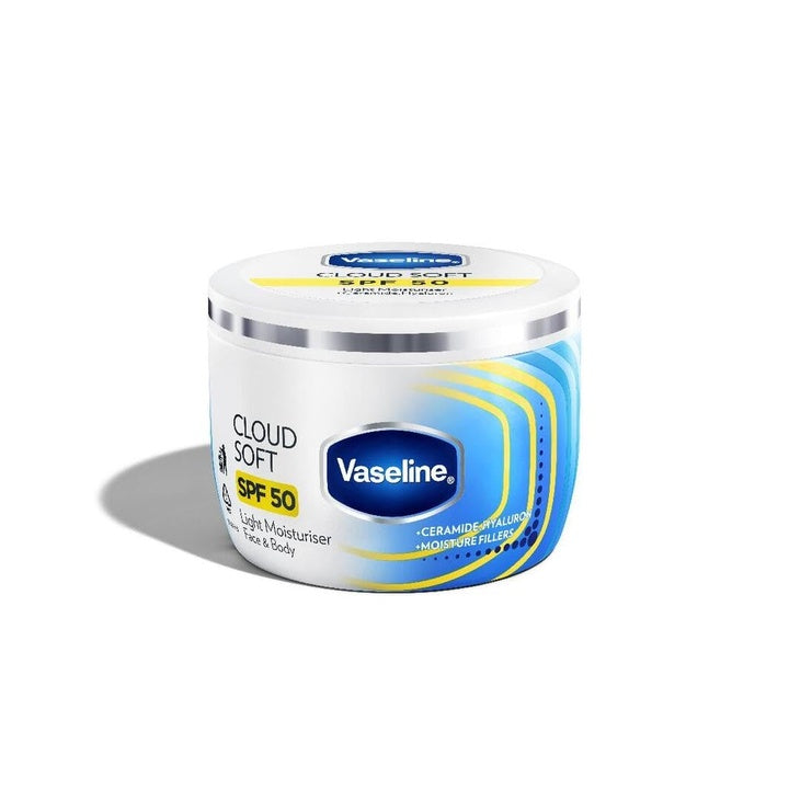 VASELINE Cloud Soft SPF 50 PA ++++ Light Moisturiser, 200 ml, for Soft and Bouncy Skin, with Ceramides & Hyaluron Moisture Fillers, Non-Sticky and Lightweight, Broad Spectrum Protection